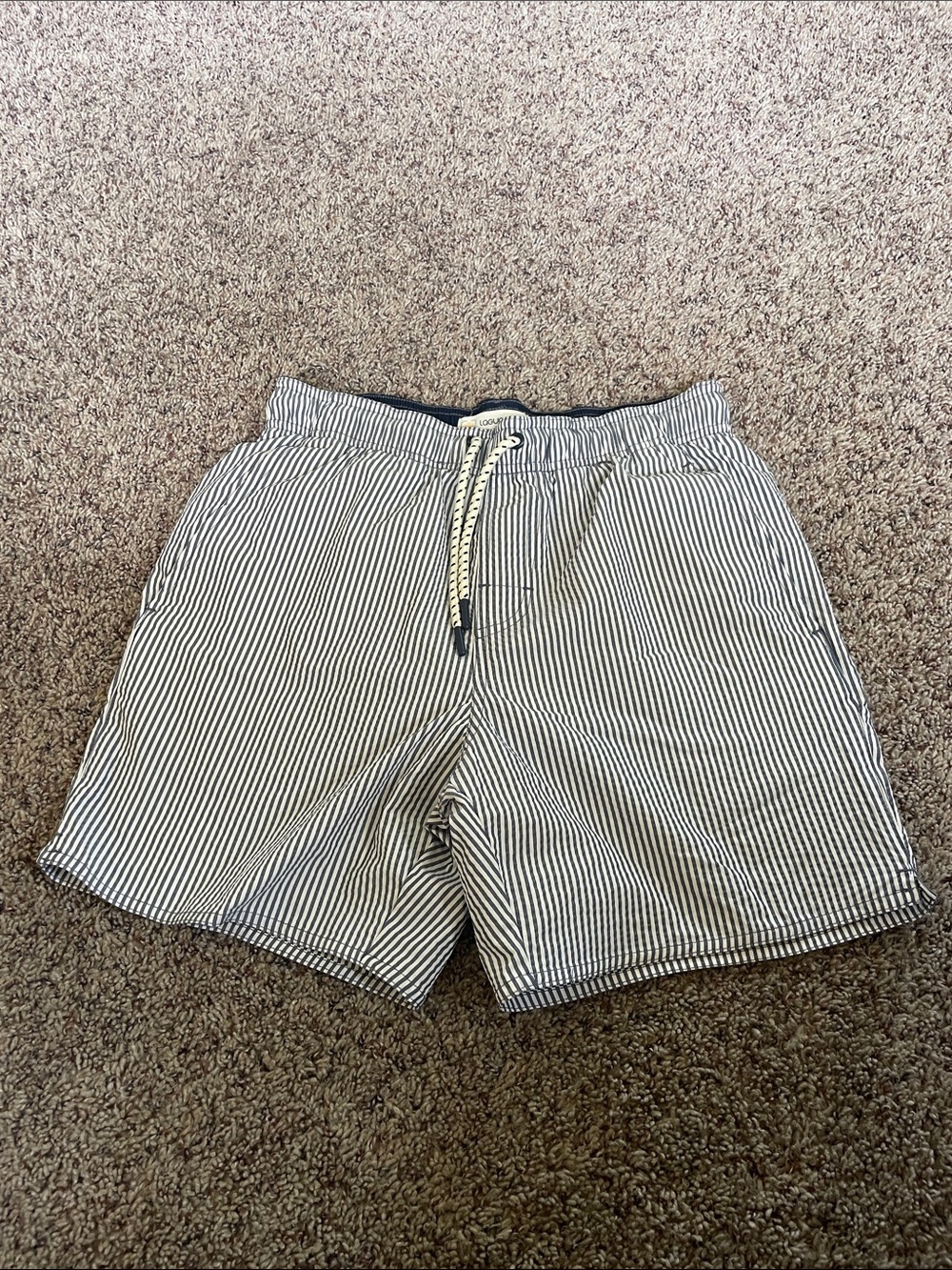Laguna Swim. Men's S Navy & White Seersucker Stripe Drawstring Shorts